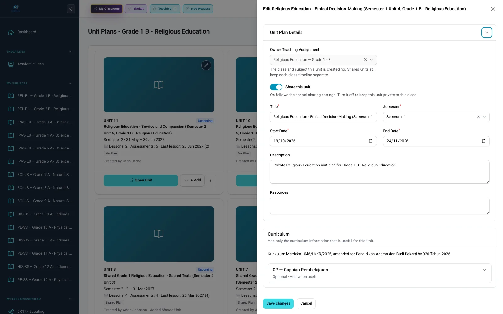 Real SatuSkola curriculum information inside a Unit Plan with synthetic sample data