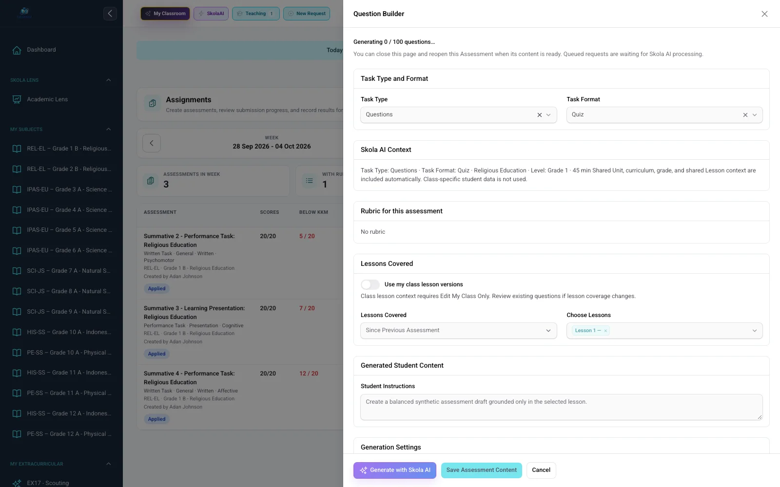 Real Skola AI 100-question assessment generation progress with synthetic data