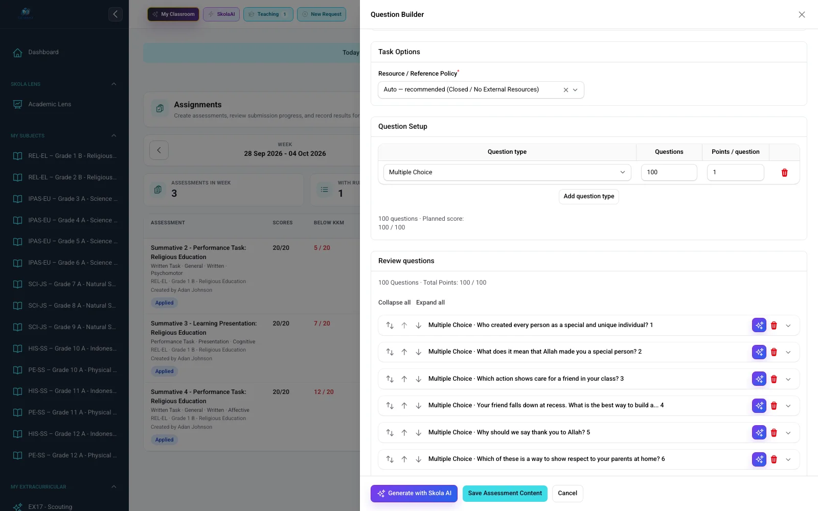Real editable Skola AI assessment-question results with synthetic data