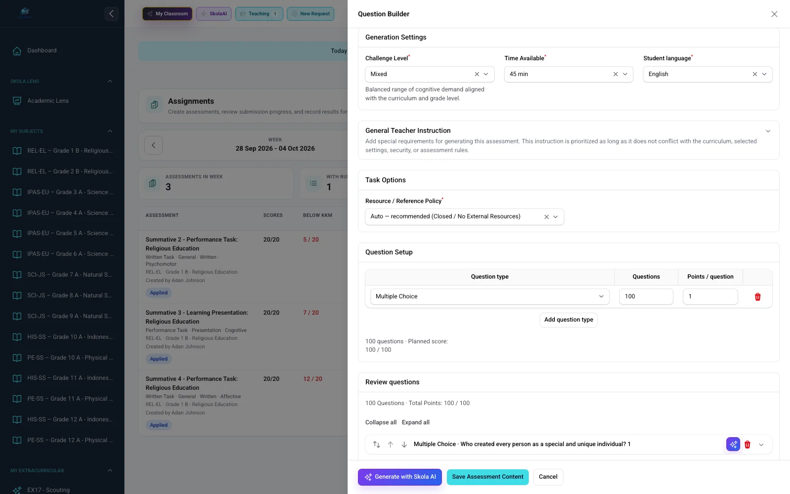 Real Skola AI Assessment Content Builder setup with synthetic data