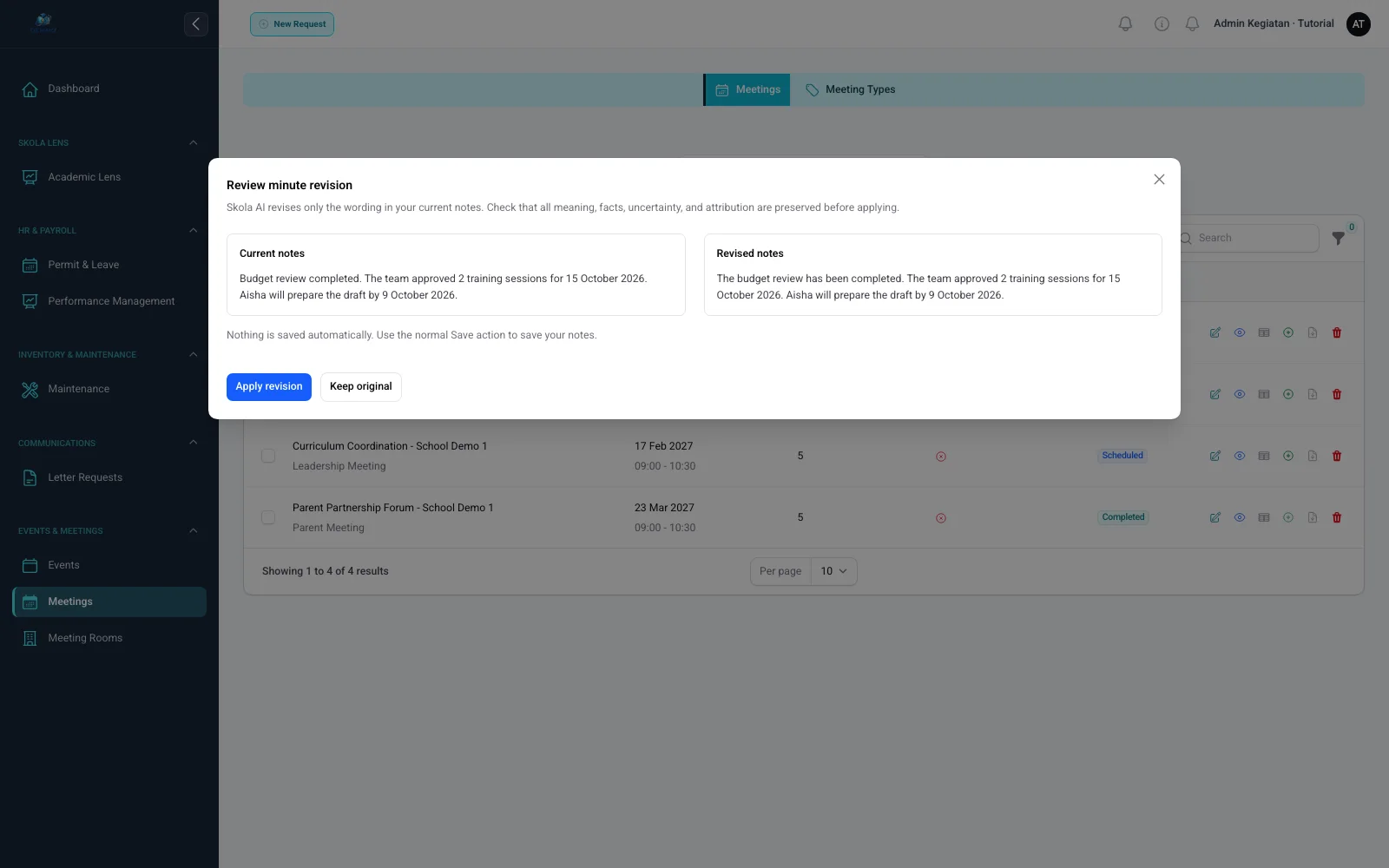 Real before-and-after Skola AI meeting-minutes revision with synthetic data