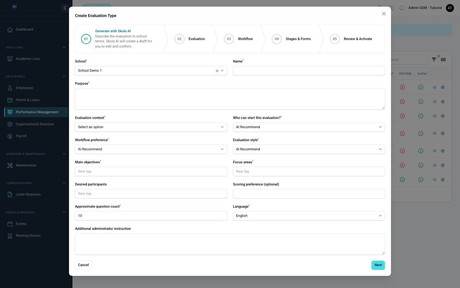 Real Skola AI performance-evaluation configuration setup with synthetic data
