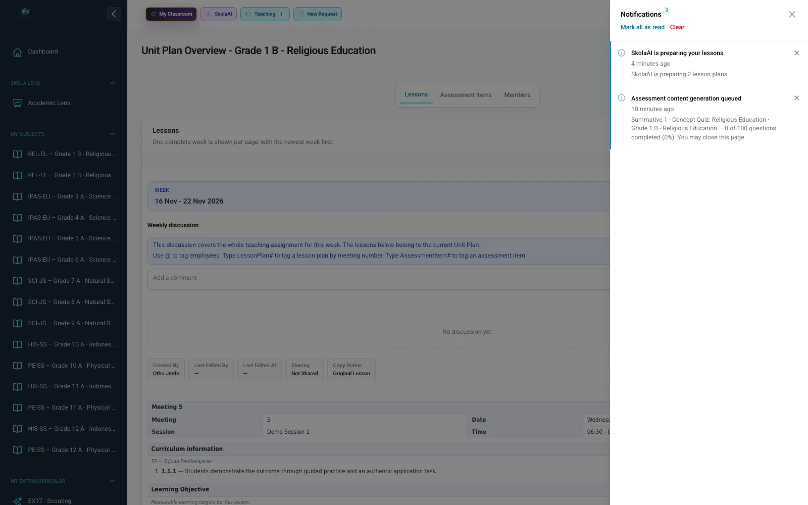 Real Skola AI Lesson Plan generation progress with synthetic data