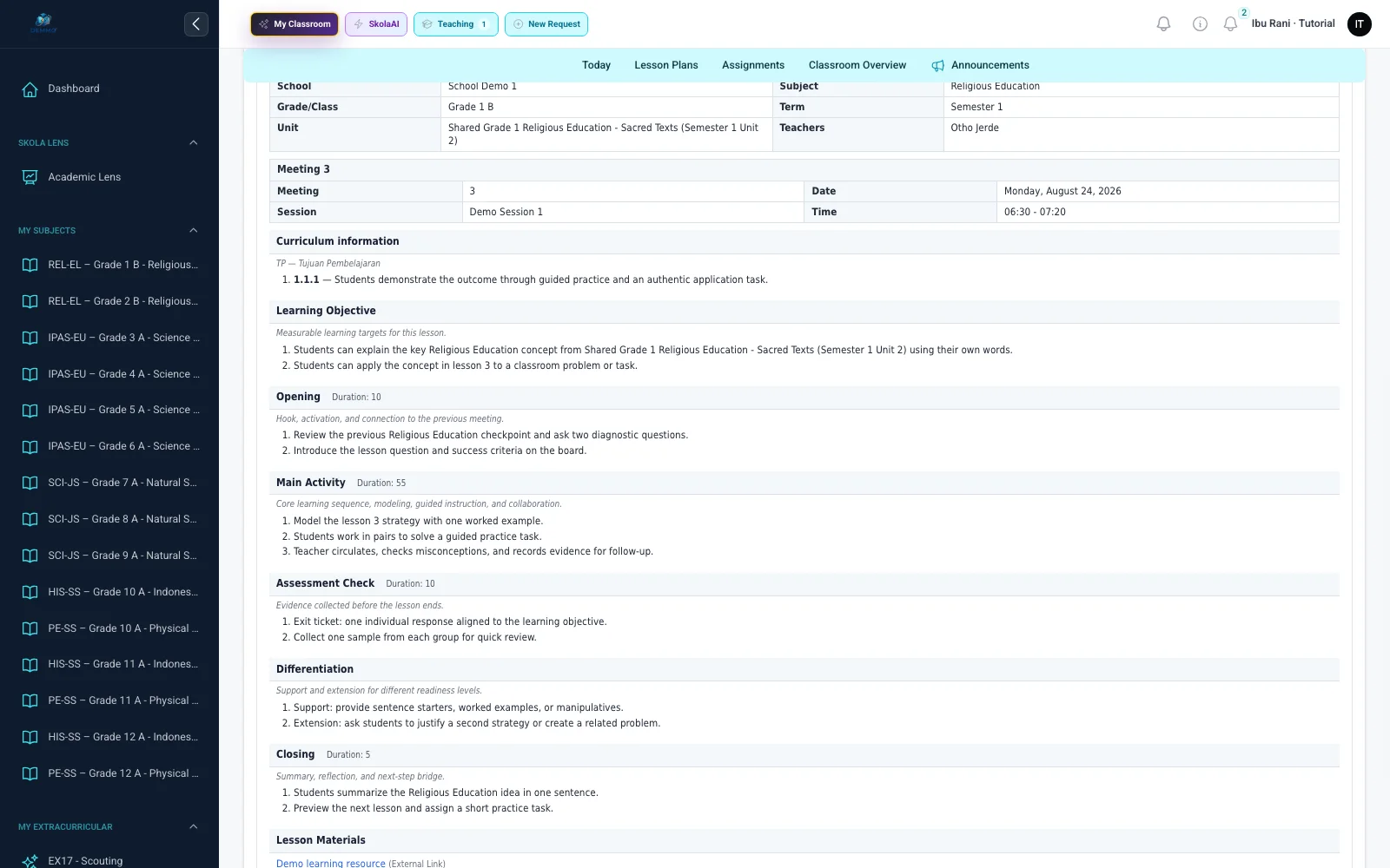 Real Skola AI Lesson Plan results in the weekly workspace with synthetic data
