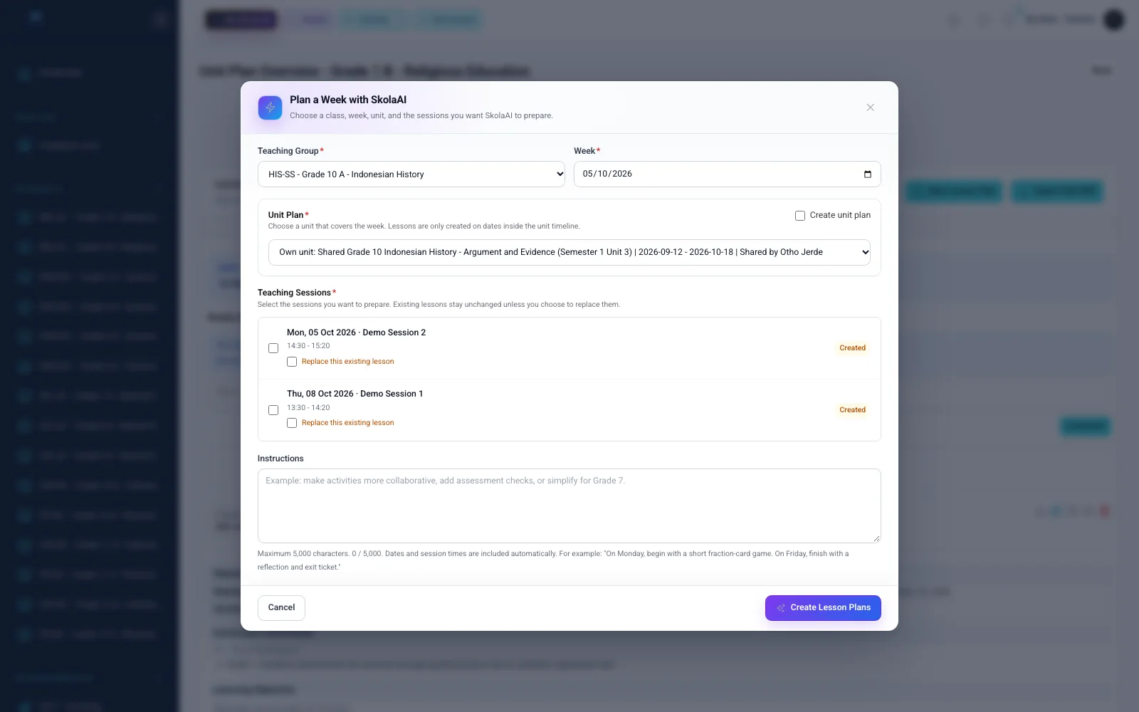 Real Skola AI weekly Lesson Plan setup with synthetic data
