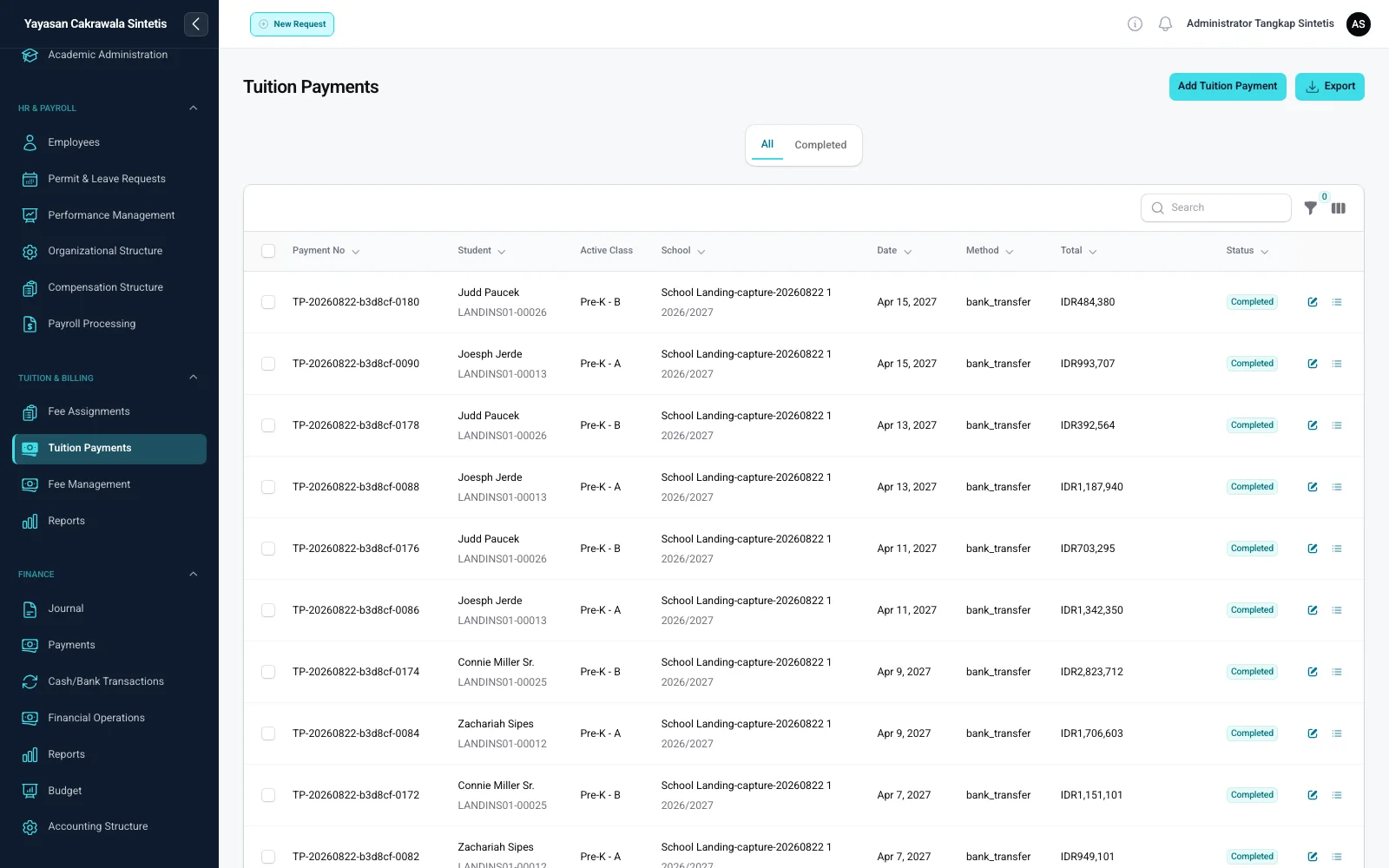 Tampilan penuh register pembayaran sekolah SatuSkola dengan data sintetis