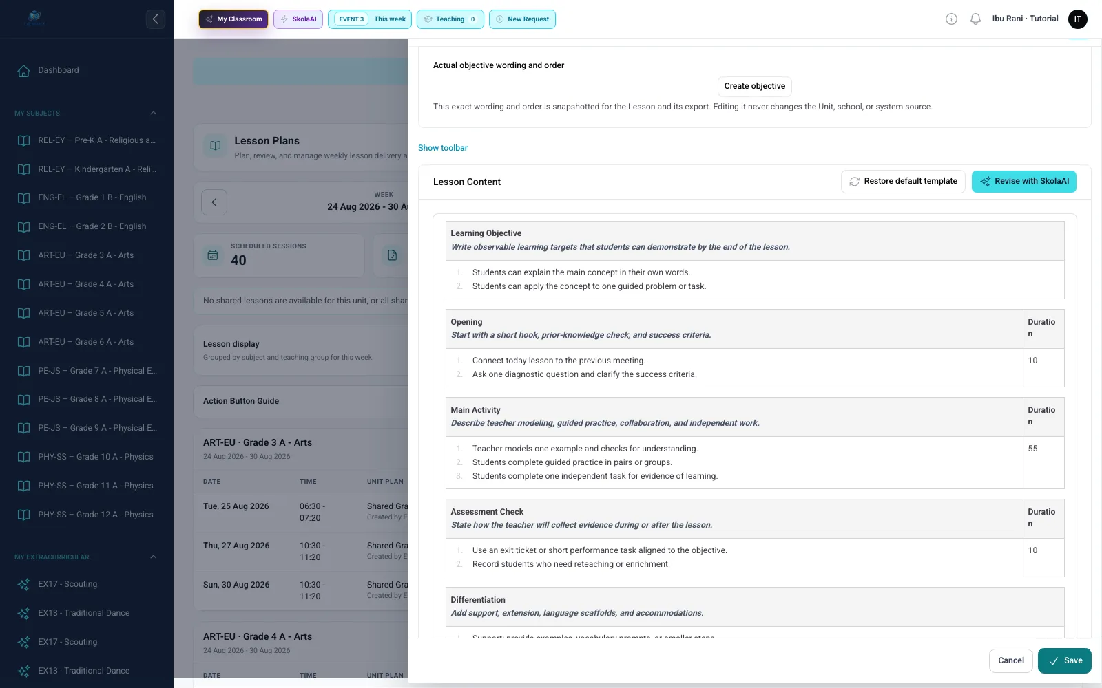 Bagian tujuan pembelajaran dan tombol Manage My Objectives pada formulir Lesson Plan