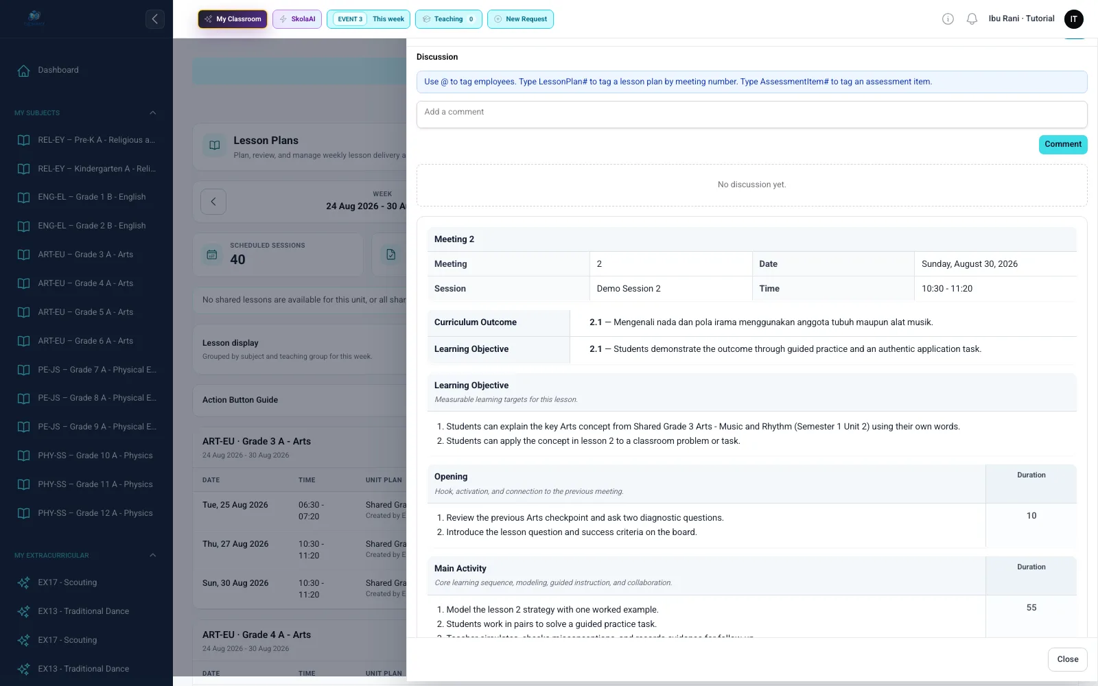 Preview Lesson Plan tersimpan dengan detail pertemuan, tujuan, dan isi
