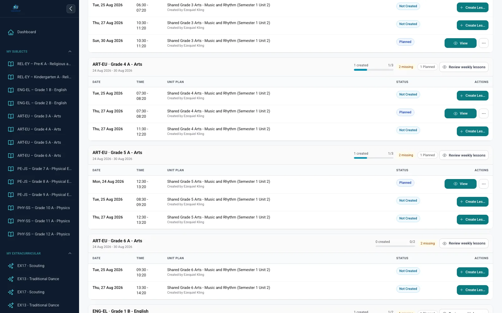 Dialog perubahan status Lesson Plan dengan pilihan planned, completed, skipped, dan postponed