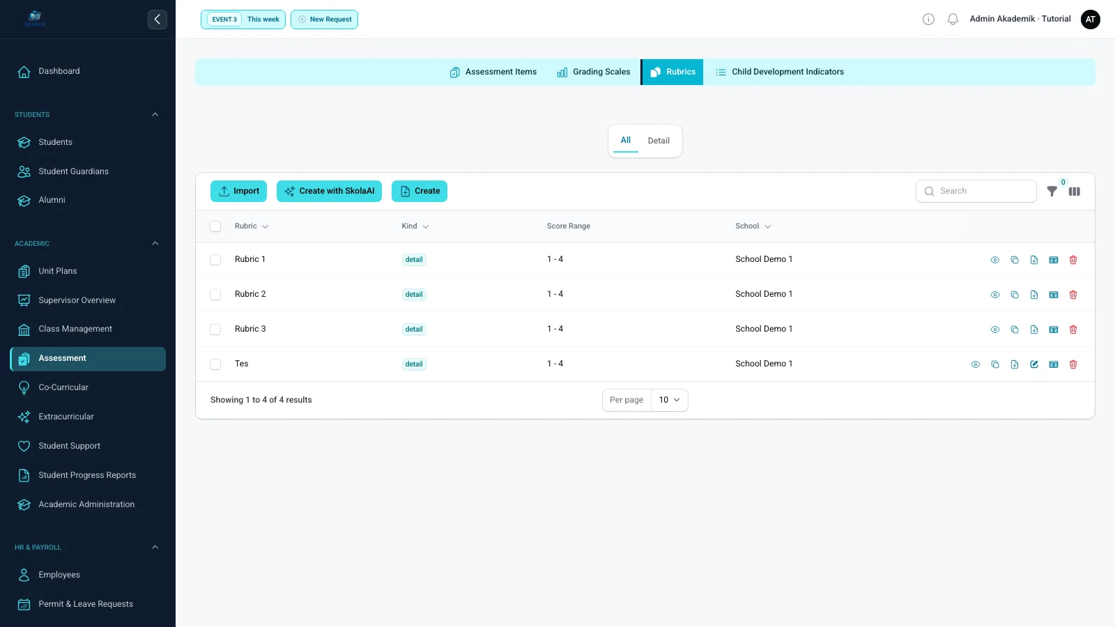 Daftar rubrik dengan tombol membuat rubrik baru