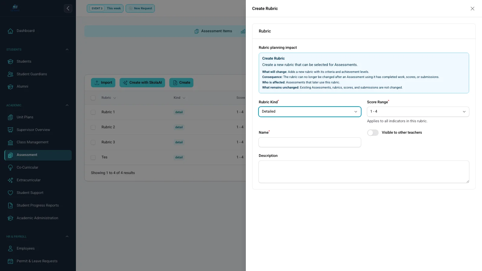 Form pembuatan rubrik dengan nama, tujuan, kriteria, dan tingkat pencapaian