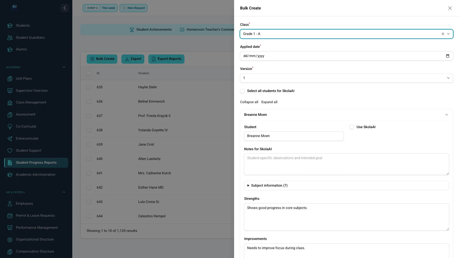 Form Bulk Create Narrative Reports dengan kelas, tanggal, versi, pilihan SkolaAI, dan daftar murid