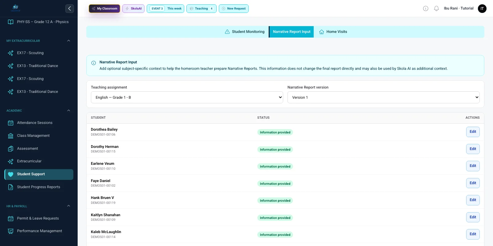 Narrative Report Input dengan pilihan mata pelajaran, versi, daftar murid, dan status informasi