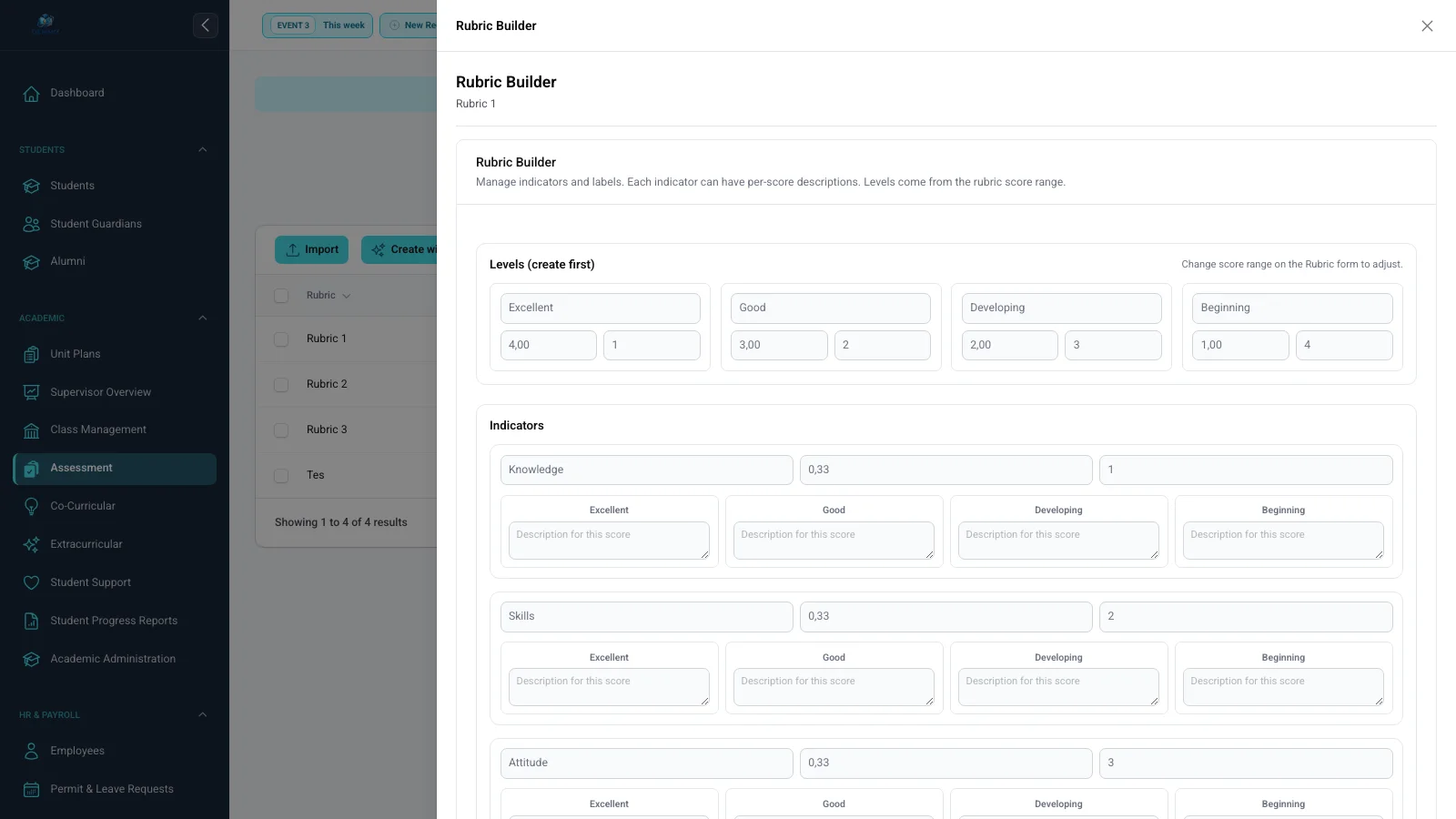 Rubric Builder dengan kriteria, bobot, tingkat pencapaian, dan deskripsi setiap tingkat