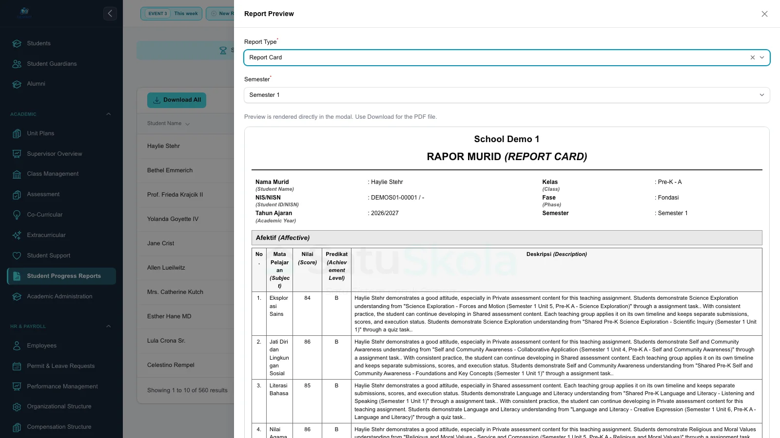 Panel pratinjau Report Card dengan pilihan jenis laporan, Semester, identitas murid, dan isi laporan