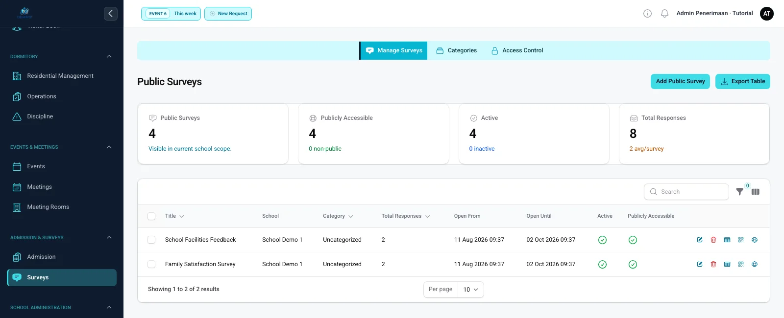 Daftar survei publik dengan status penerbitan dan jumlah respons
