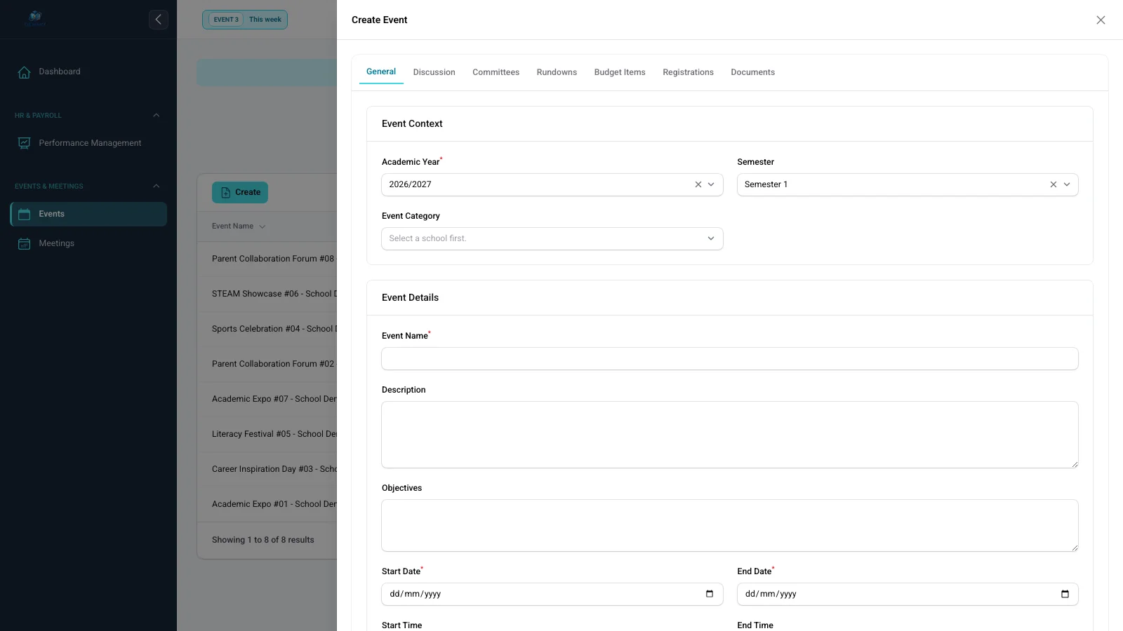 Form kegiatan sekolah dengan kategori, waktu, tempat, penanggung jawab, dan status