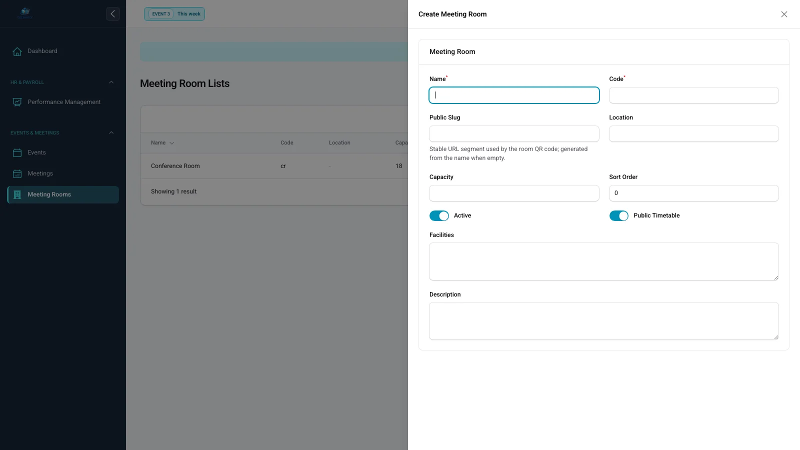Form ruang rapat dengan nama, lokasi, kapasitas, fasilitas, dan status