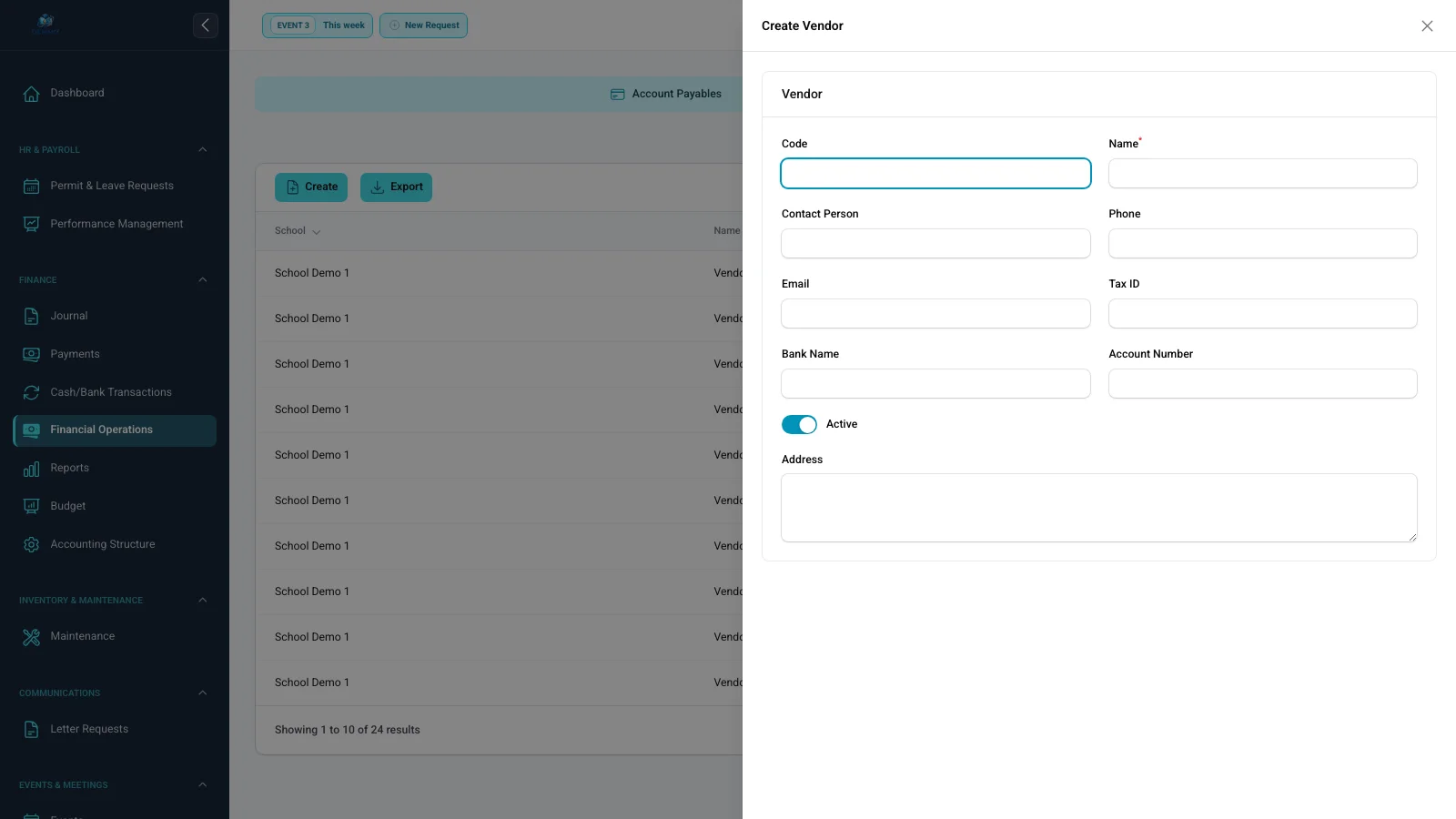 Form vendor dengan identitas, kontak, dan informasi pembayaran