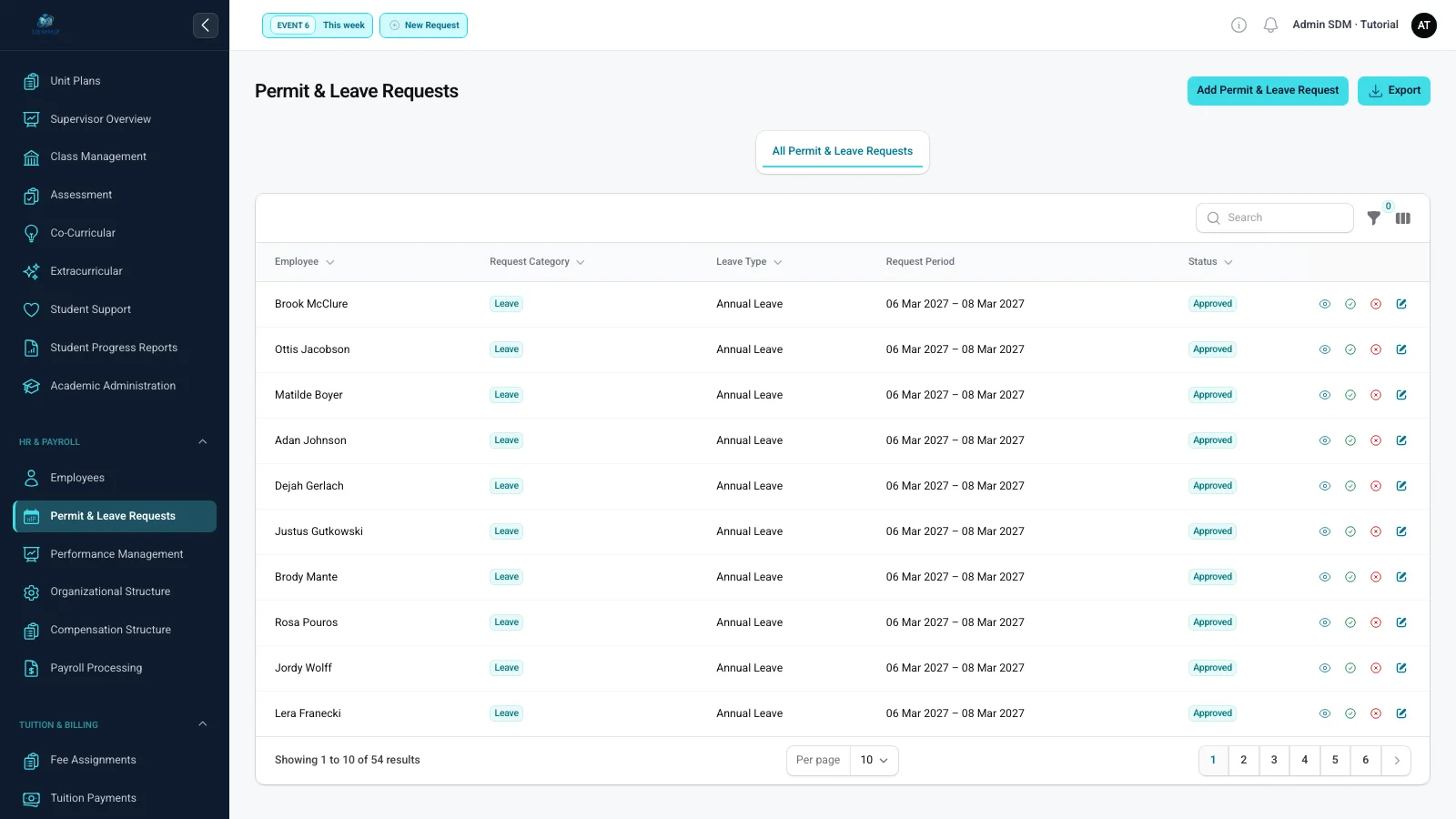 Daftar permohonan izin dan cuti beserta status persetujuan