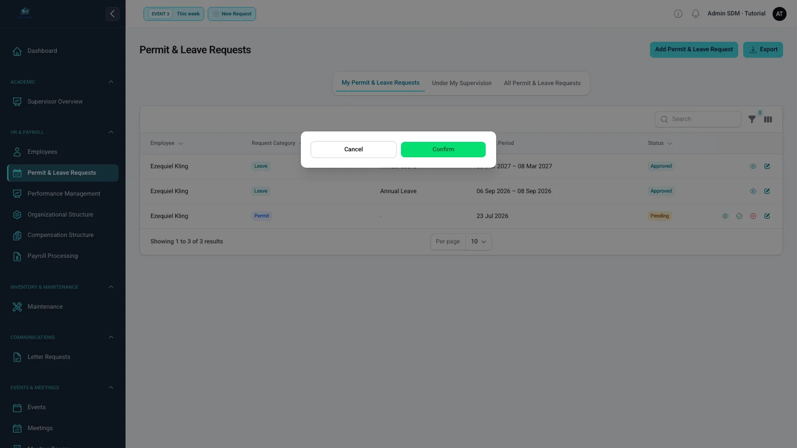 Dialog konfirmasi Approve pada permintaan izin atau cuti yang masih Pending