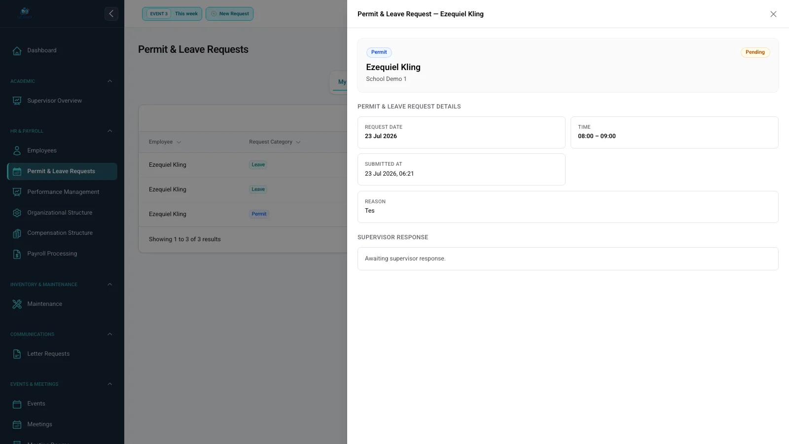 Rincian permintaan izin atau cuti dengan nama pegawai, jenis, waktu, alasan, dan status Pending