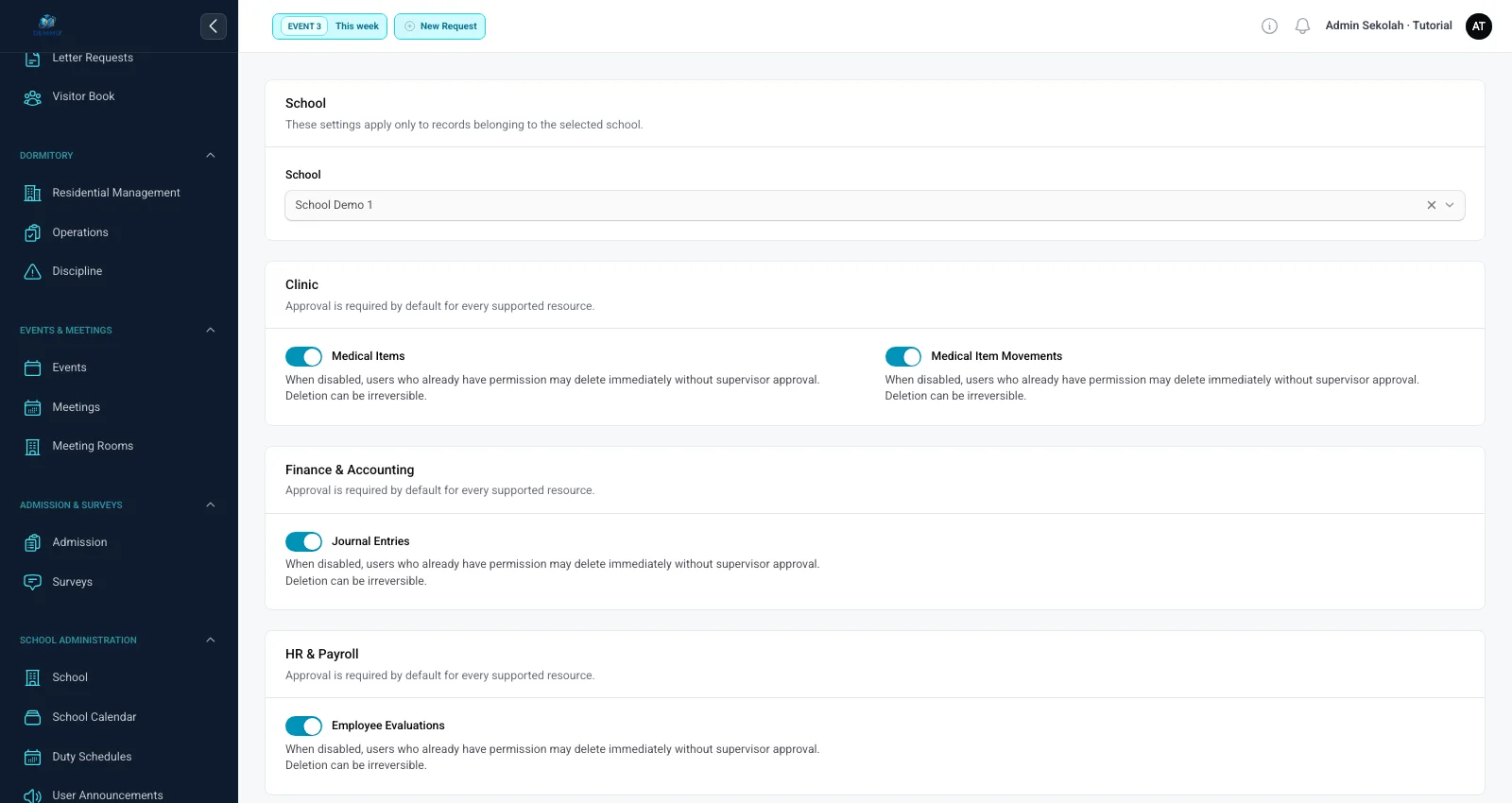 Deletion Approval dengan pilihan jenis data yang wajib diperiksa atasan sebelum dihapus