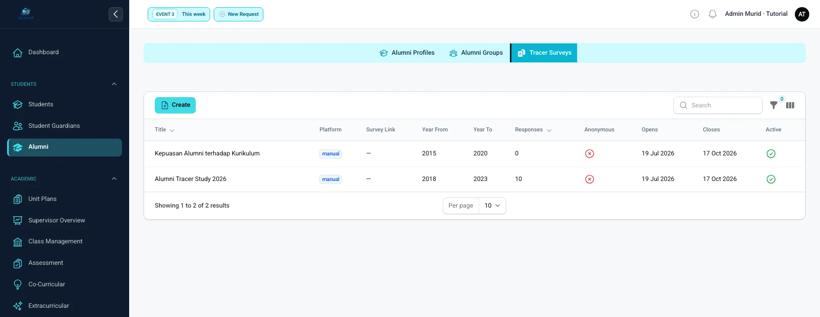 Tracer survey alumni dengan tautan eksternal dan jadwal buka tutup
