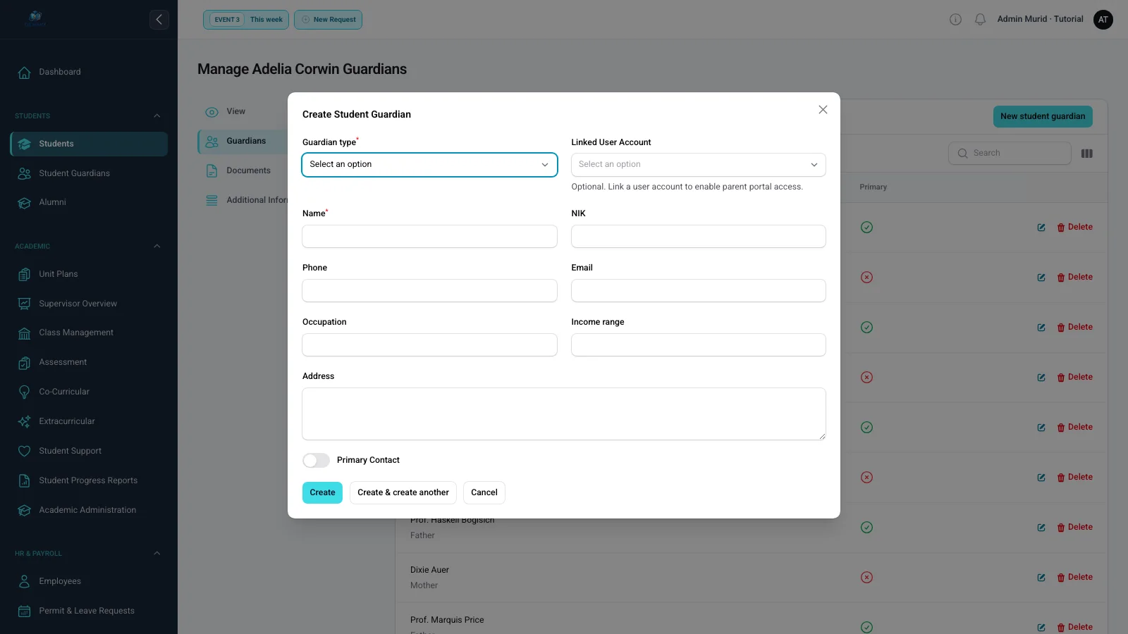 Form wali murid dengan hubungan, kontak, penanda wali utama, dan tautan akun portal