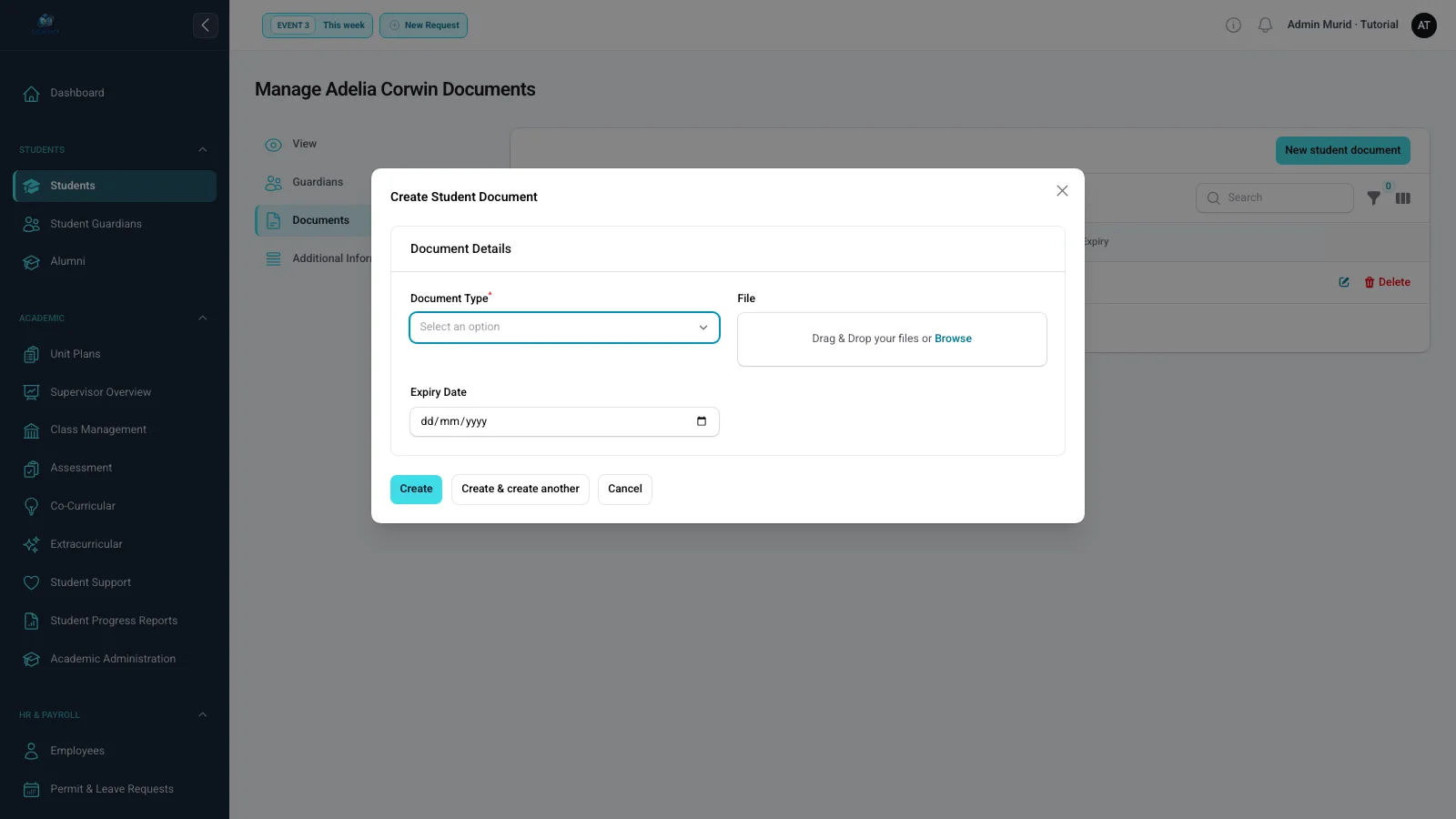 Form dokumen murid dengan jenis dokumen, file, nomor, tanggal, dan masa berlaku