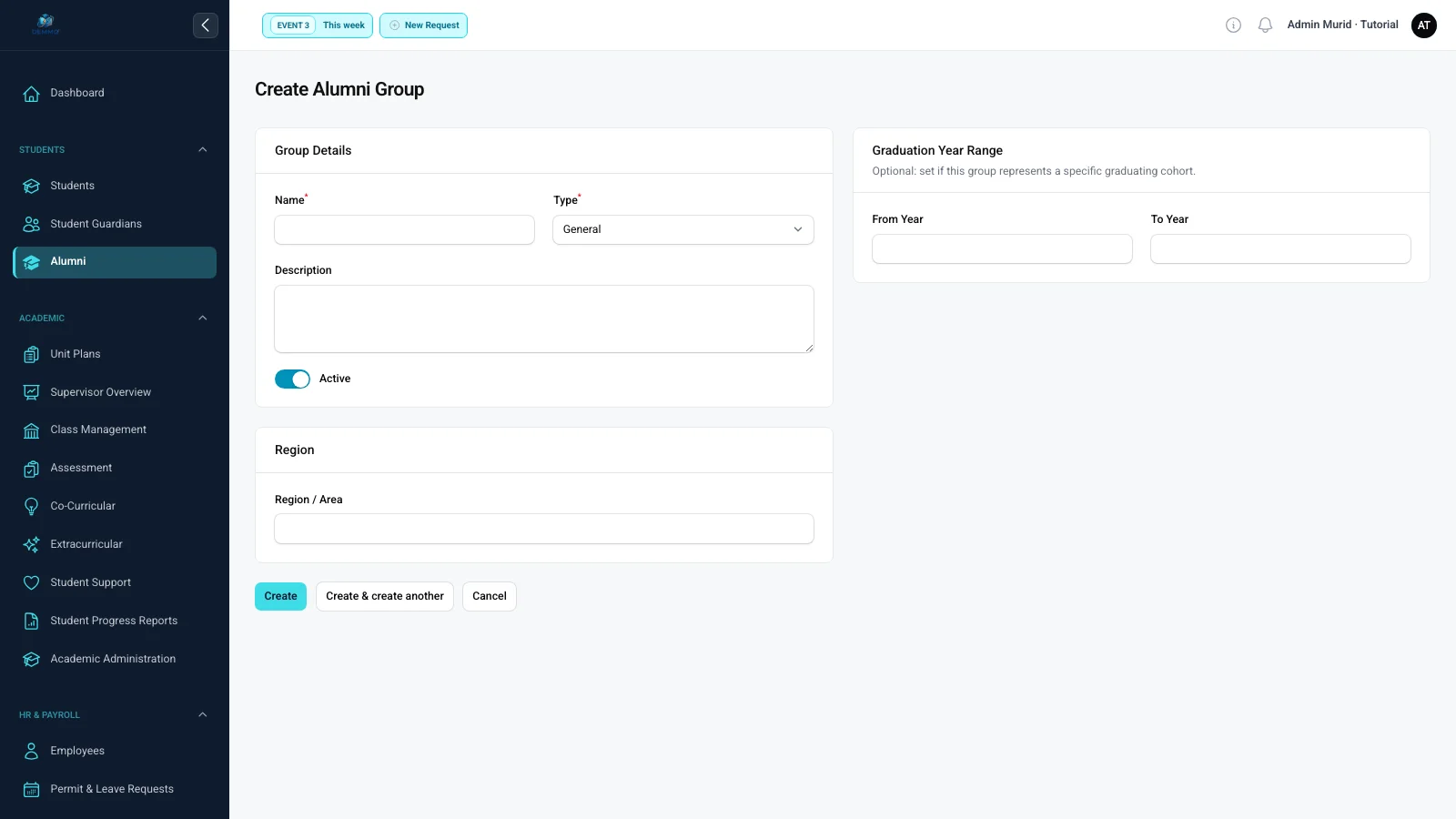 Form grup alumni dengan nama, tujuan, periode, visibilitas, dan status