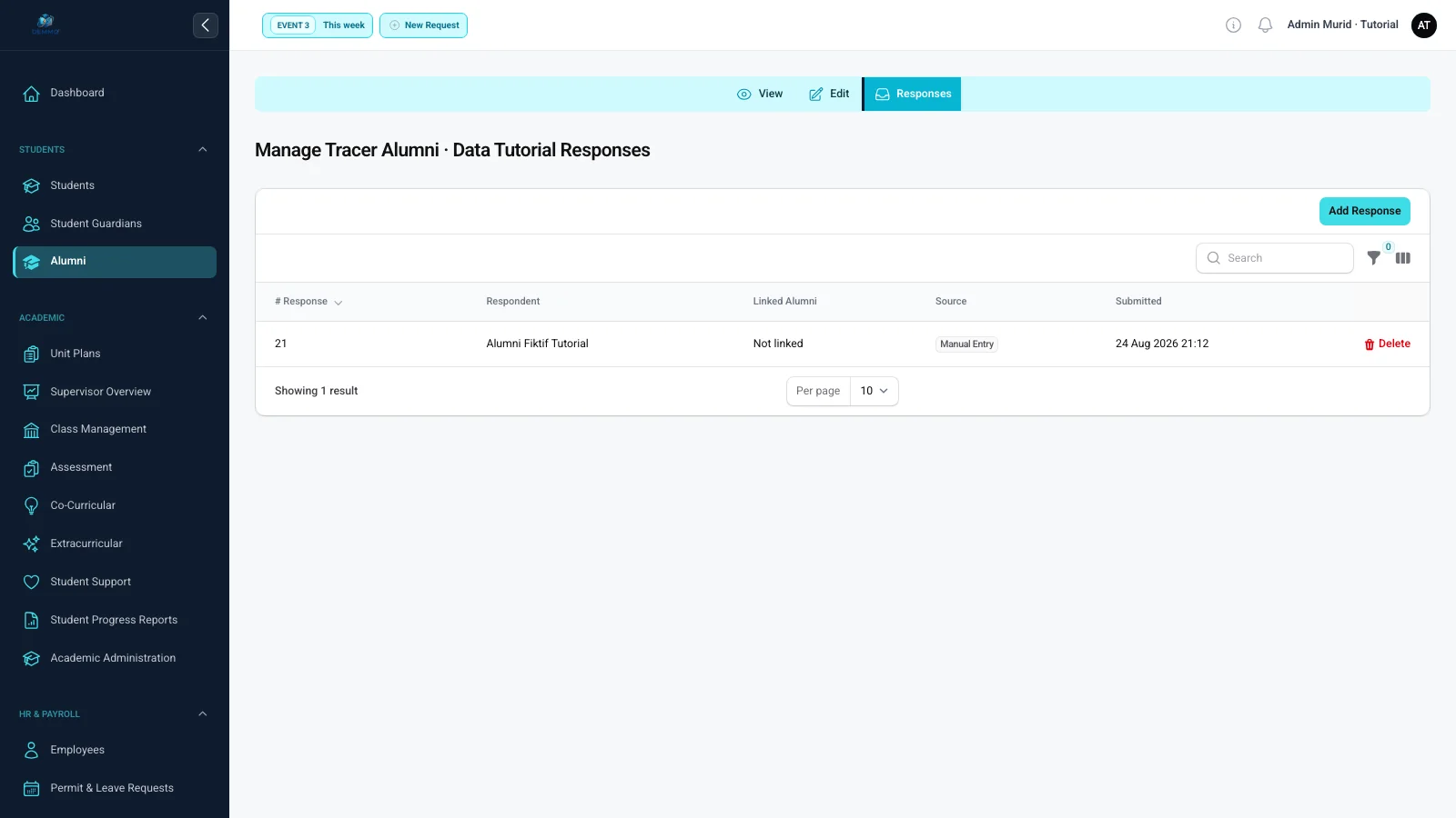 Halaman respons tracer survey dengan daftar alumni, waktu pengisian, dan hasil yang dapat ditinjau