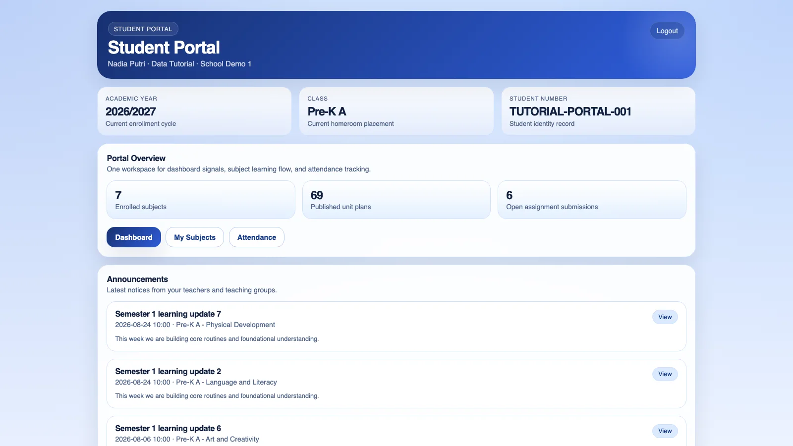 Portal Murid dengan identitas, kelas, pengumuman, dan ringkasan tugas