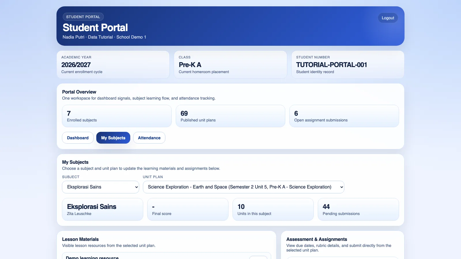Portal Murid pada My Subjects dengan mata pelajaran, Unit Plan, Lesson Plan, dan bahan belajar
