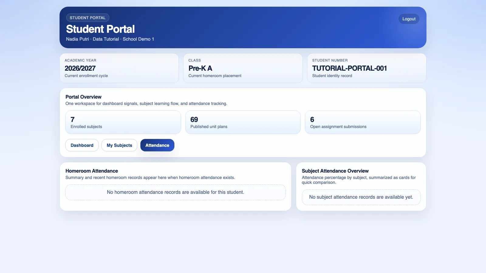 Portal Murid pada Attendance dengan ringkasan hadir, sakit, izin, dan tidak hadir