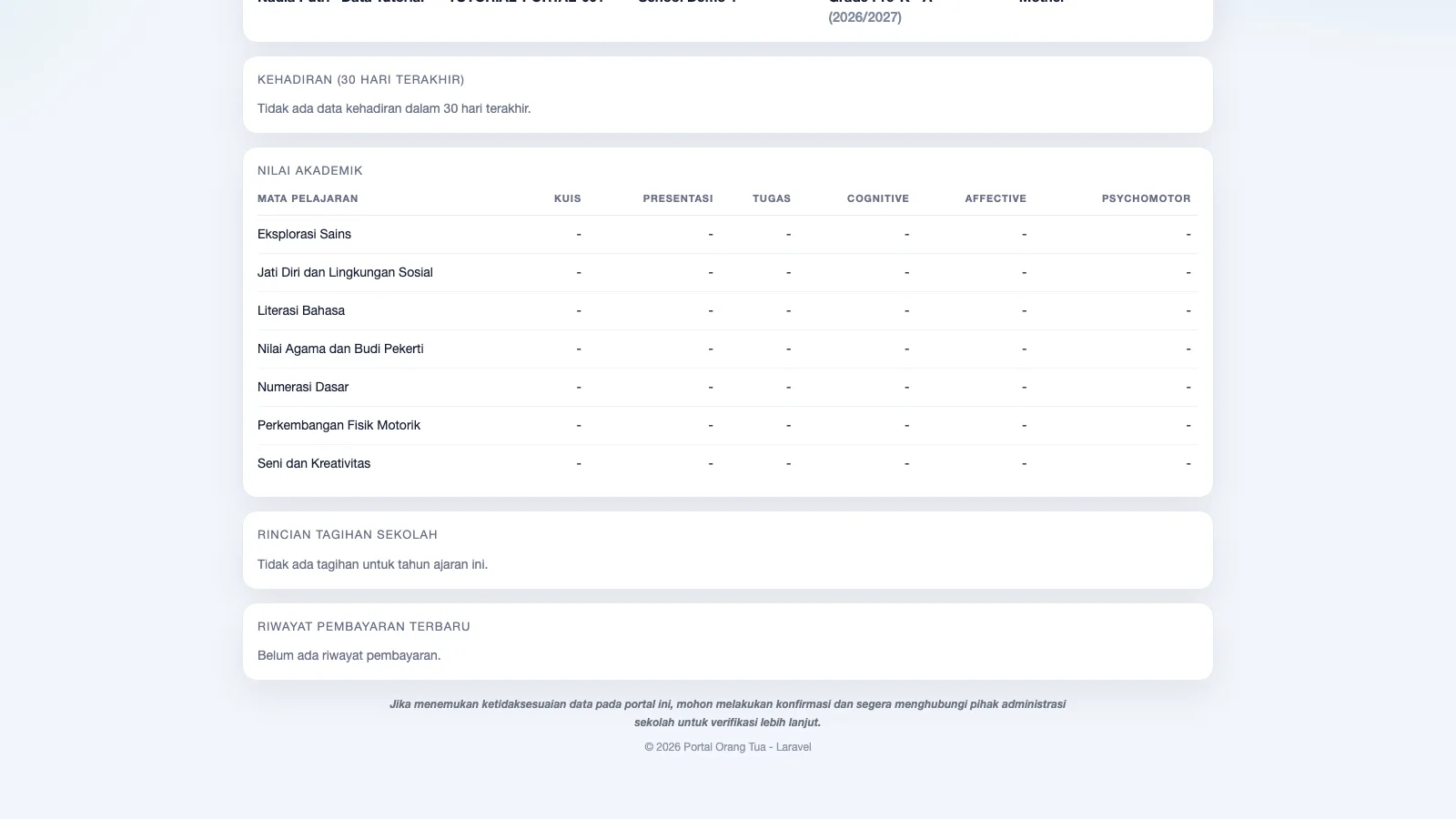 Portal Wali dengan kehadiran, perkembangan akademik, tagihan, dan pembayaran terbaru